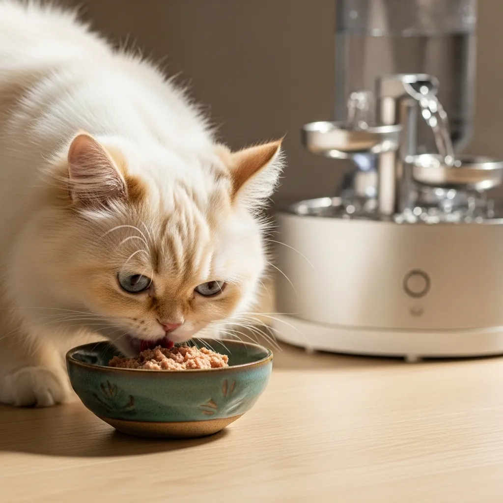 "Persian cat eating taurine-rich wet food for heart health.