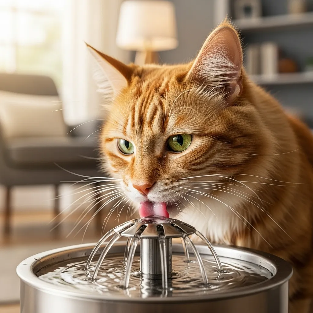 Fluffy cat drinking from a cat water fountain in a cozy home.