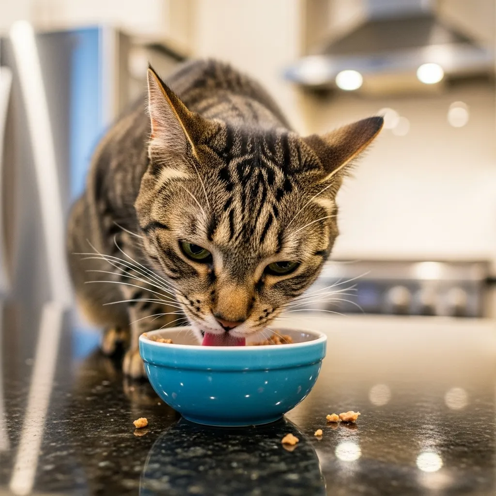 Cat eating wet food from a ceramic bowl for hydration.