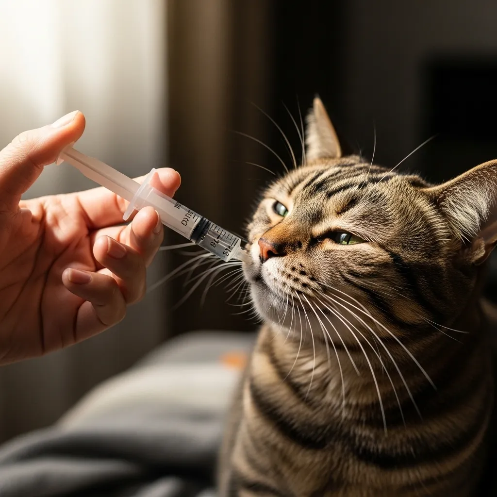 Syringe feeding water to a sick cat for hydration.