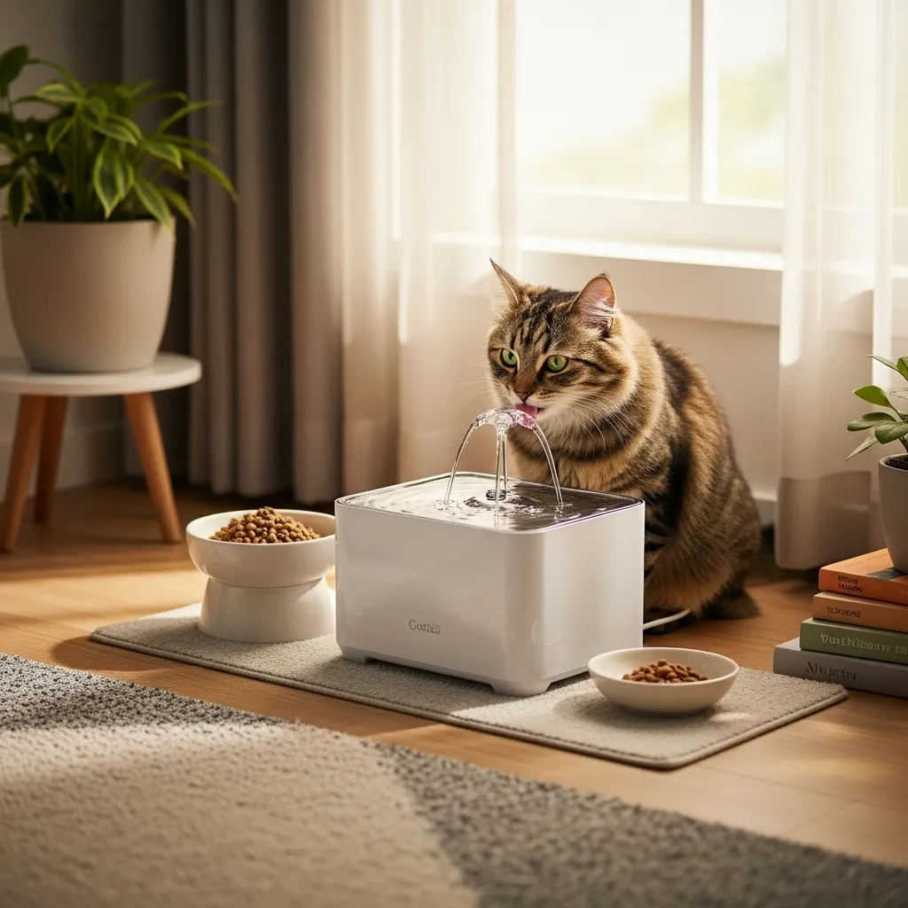 Cat hydration setup with fountain and bowls in a cozy home.