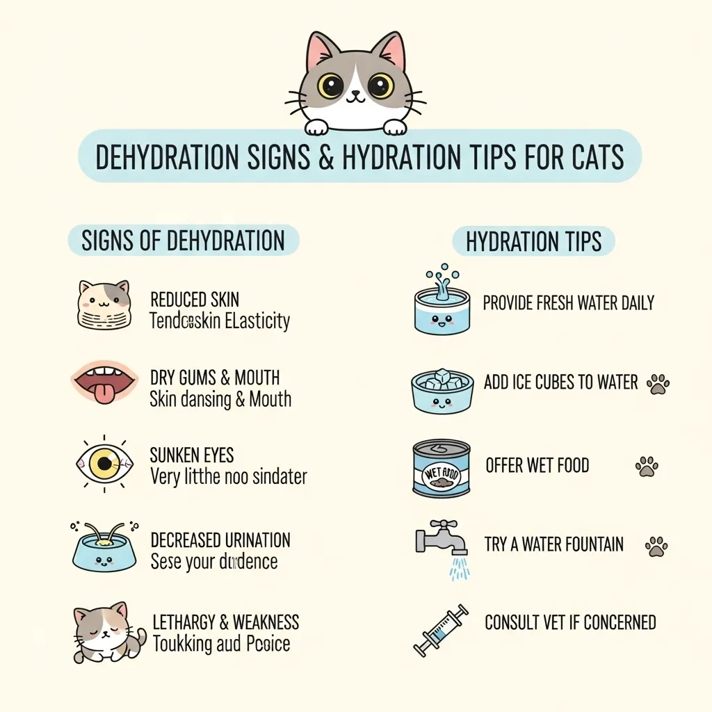  Infographic on cat dehydration signs and hydration tips.