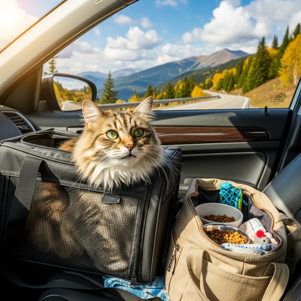 Happy cat in a pet carrier during a long-distance move, surrounded by travel essentials.
