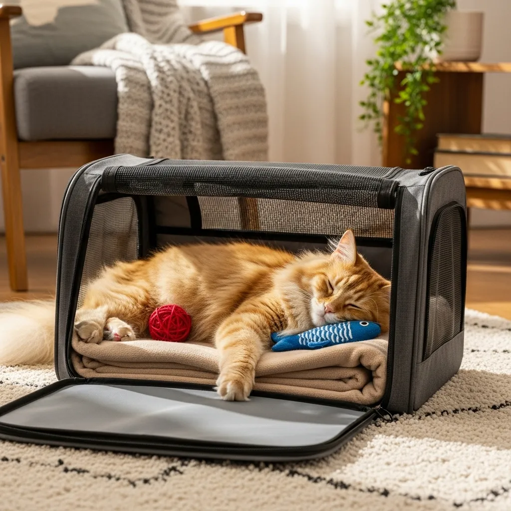  Cat comfortably resting in a pet carrier during training for a long-distance move.