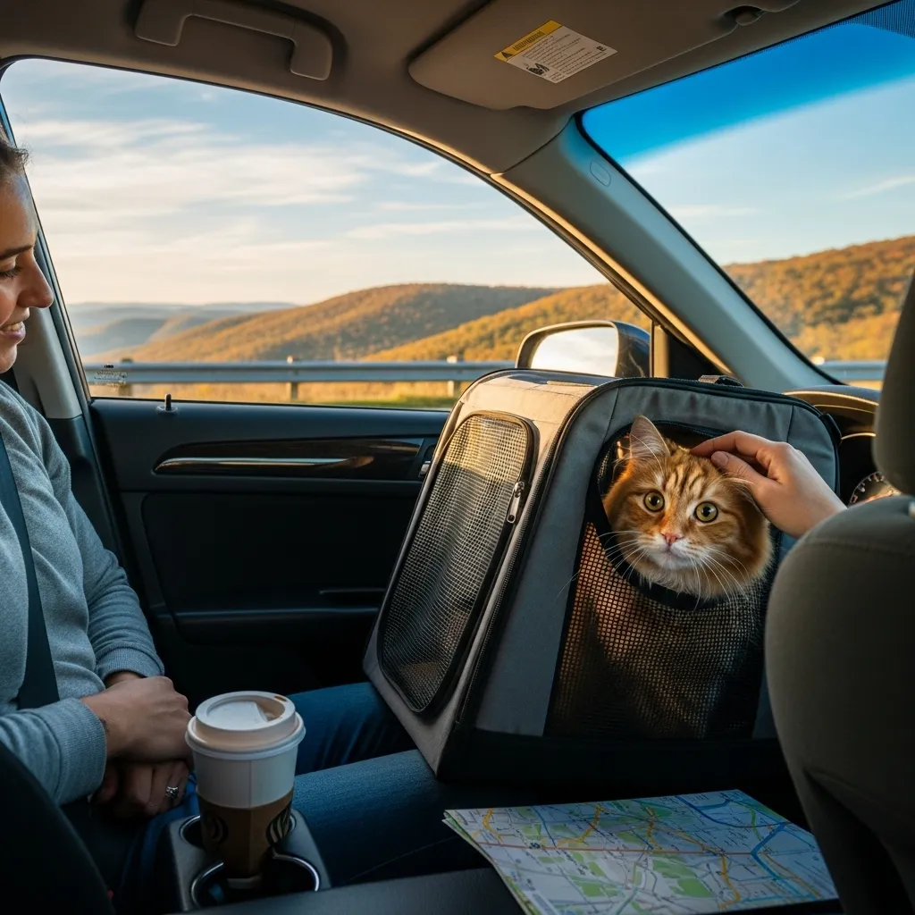 Cat in a carrier during a long-distance car trip, with owner ensuring comfort.
