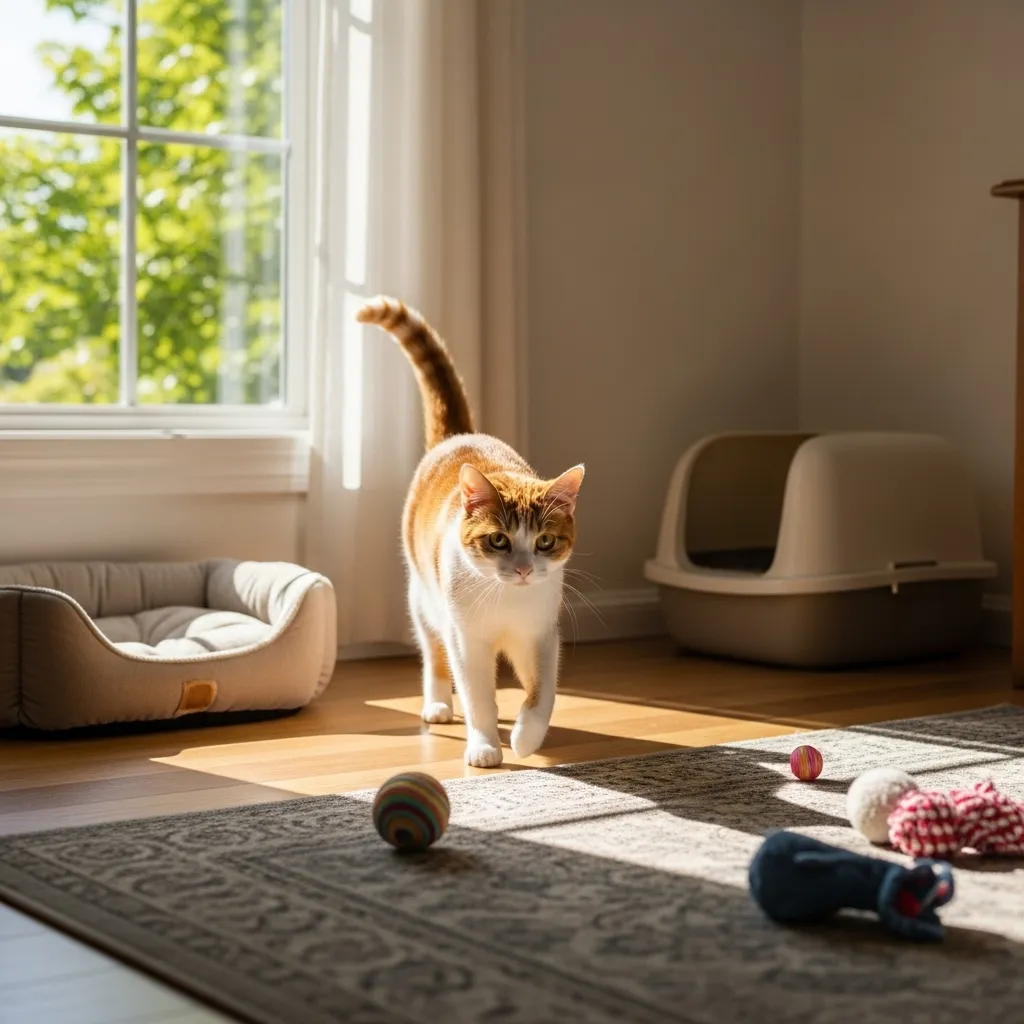 Cat adjusting to a new home in a cozy room with familiar items.