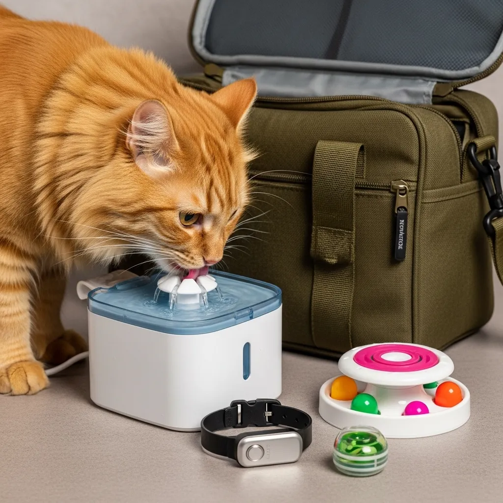 Cat travel hacks for 2025, featuring a portable fountain and GPS collar.
