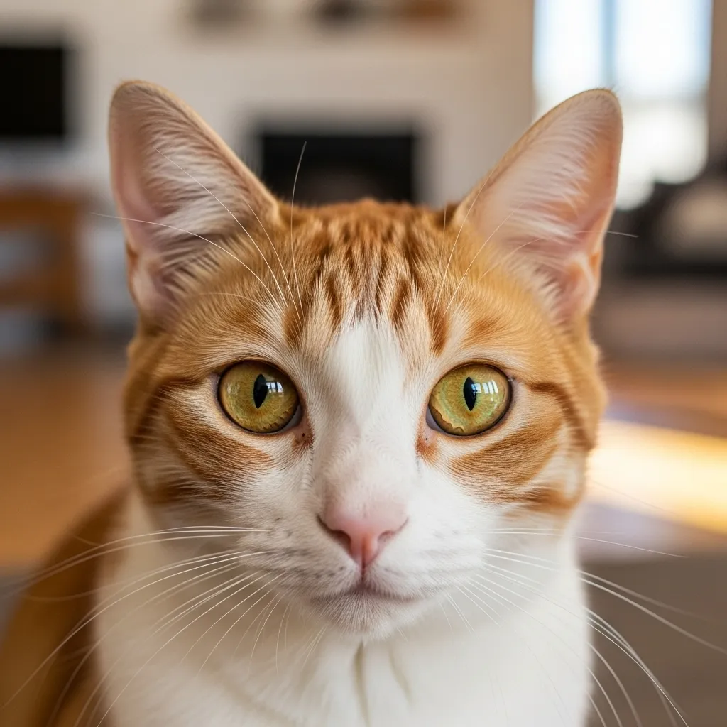  Close-up of a cat with clear, healthy eyes after corneal ulcer recovery.