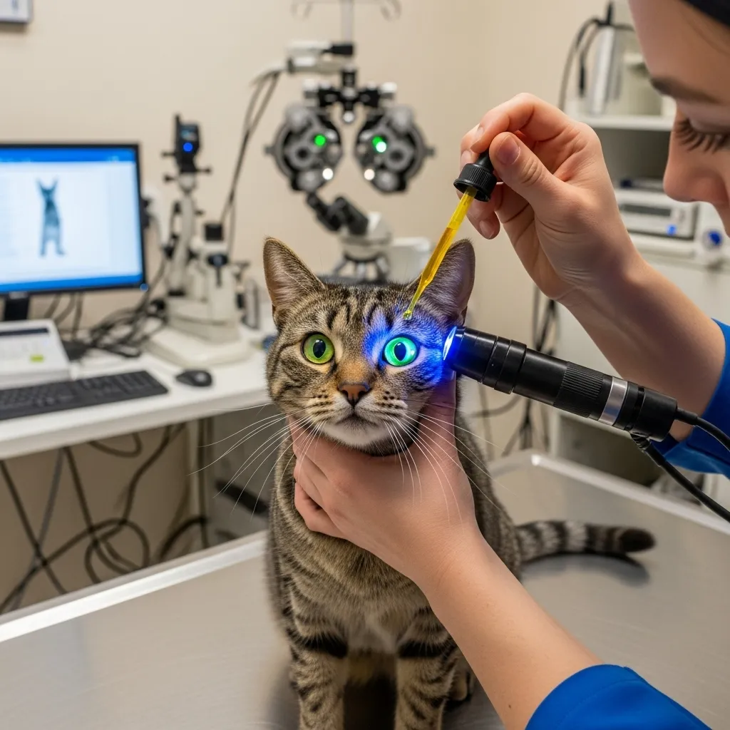 Veterinarian performing fluorescein stain test on a cat to diagnose a corneal ulcer.