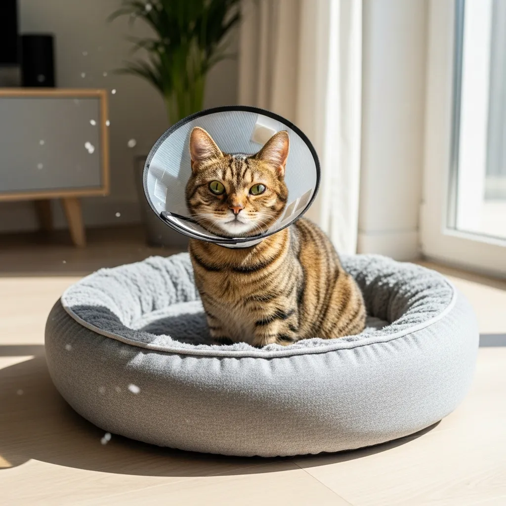 Cat with a cone collar during eye ulcer recovery, resting comfortably at home