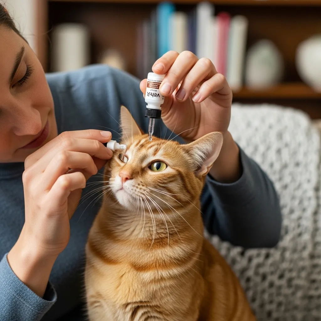 Cat owner administering eye drops for corneal ulcer treatment at home.
