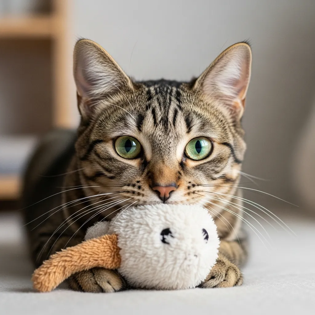 Happy cat with healthy eyes playing after successful corneal ulcer healing.