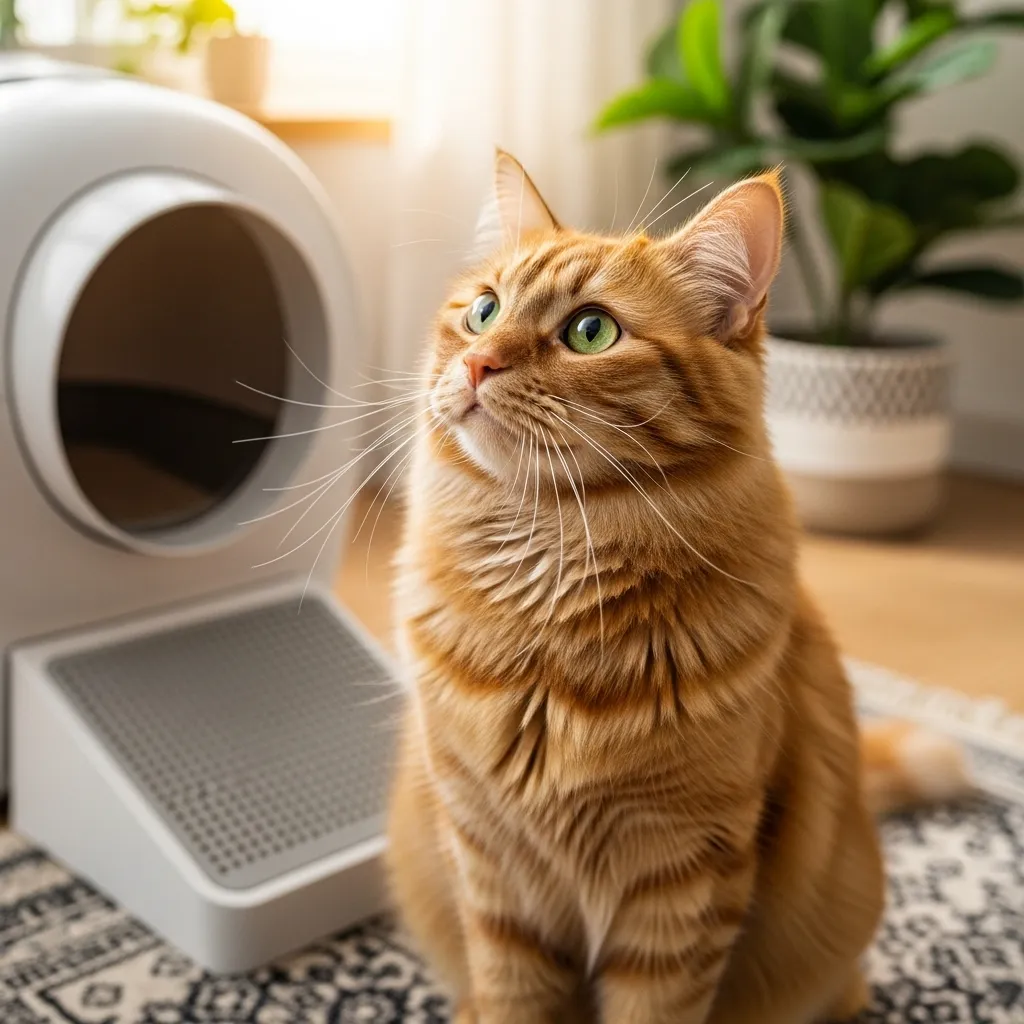 Curious cat near a clean litter box, symbolizing feline litter habits.