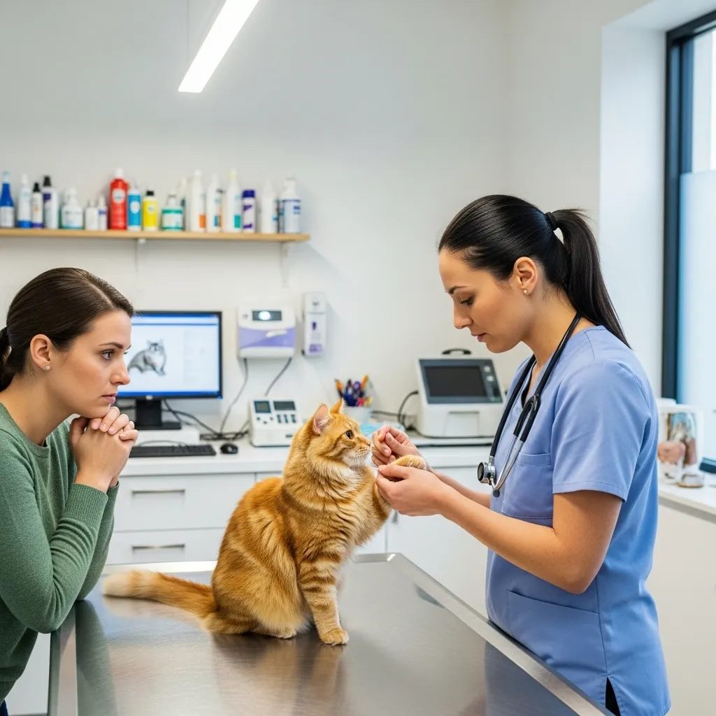 Veterinarian checking a cat for medical causes of litter box issues.