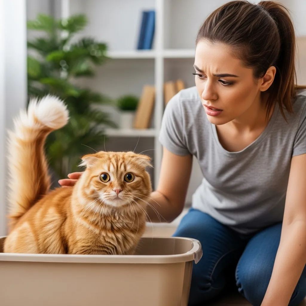 Cat straining in litter box, indicating potential urinary issues.