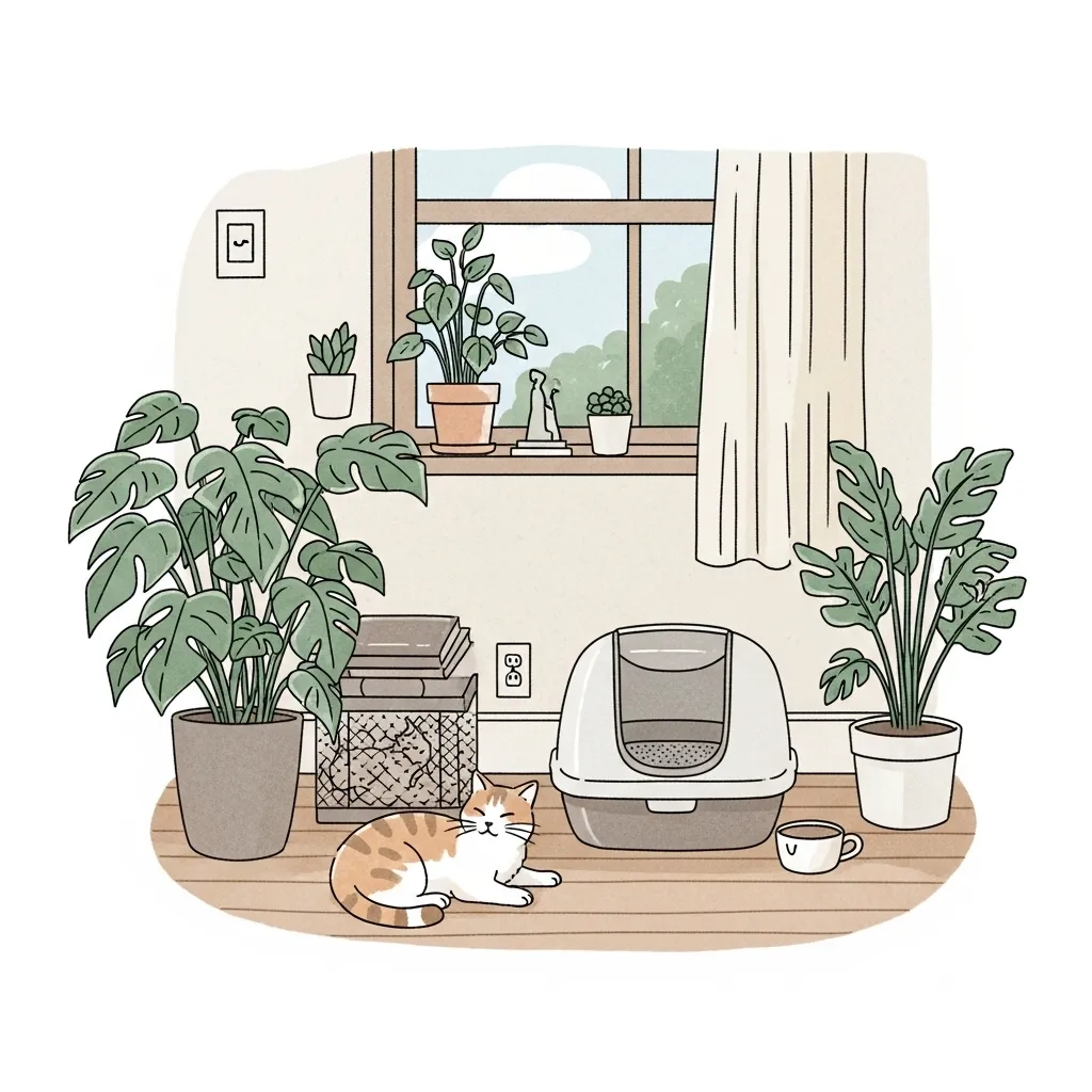 Calm home environment reducing cat litter box anxiety.