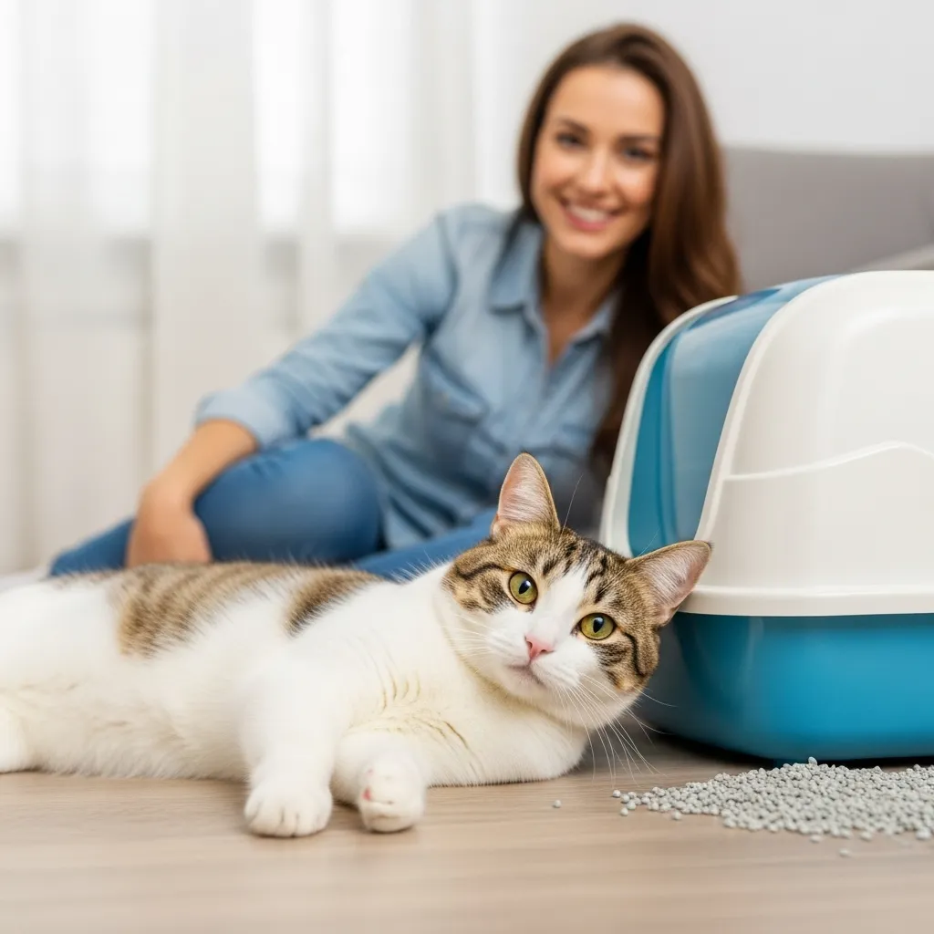 Happy cat using litter box, showing successful resolution of litter box problems.