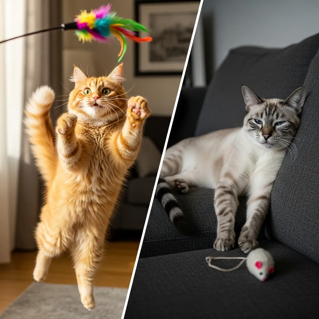 Split image of a playful cat vs. a lethargic cat, highlighting differences in behavior.