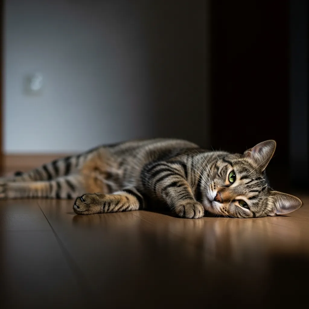  Bored indoor cat lying on the floor, highlighting the need for environmental enrichment.