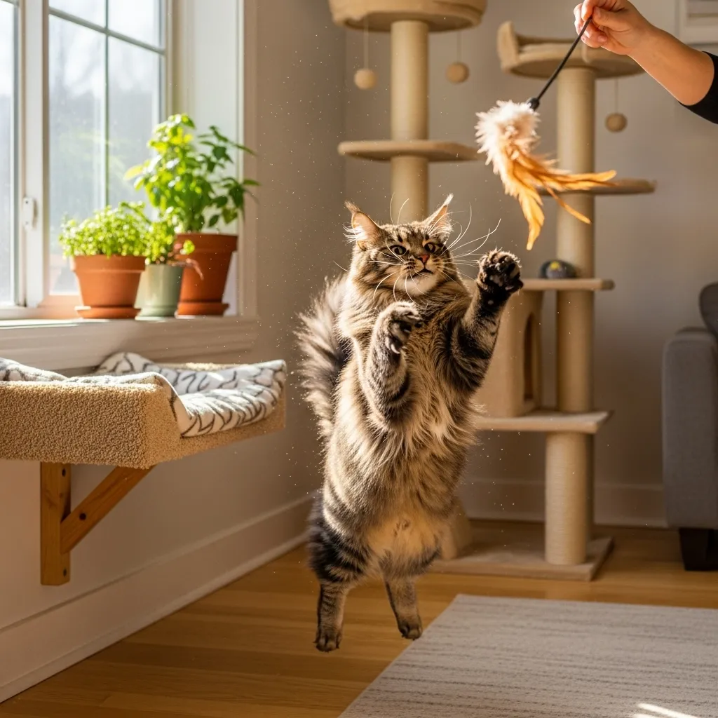 Active cat playing with a feather toy, demonstrating environmental enrichment.