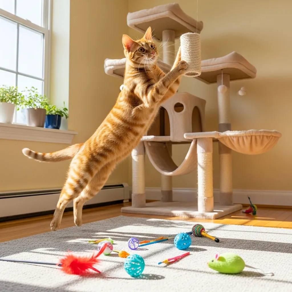 Energetic cat jumping on a cat tree, showcasing a healthy, active lifestyle.