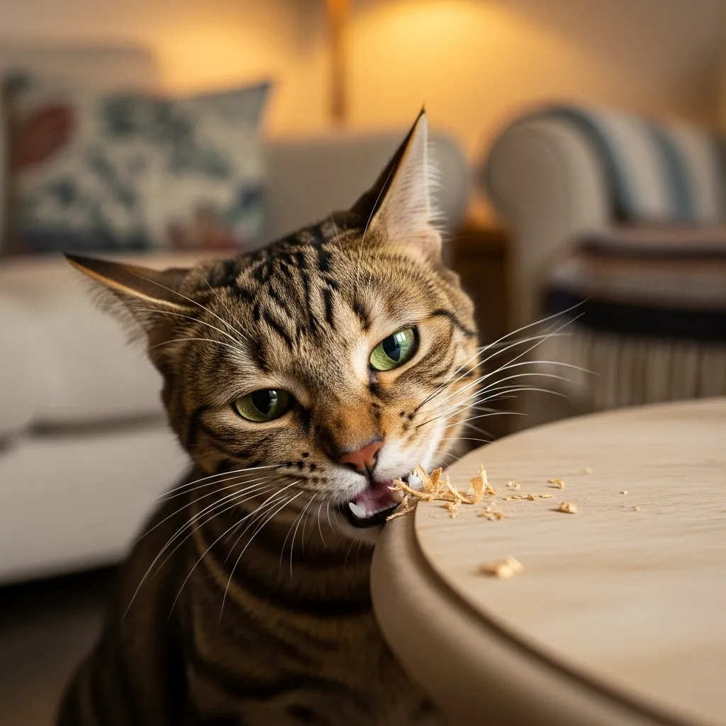 Tabby cat chewing on furniture corner in a cozy living room.