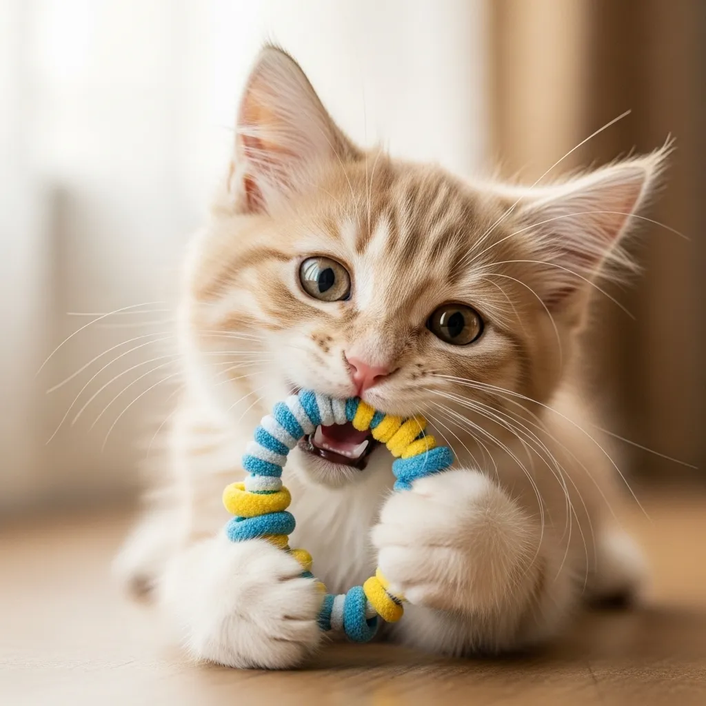  Kitten chewing on a colorful pet-safe toy during teething.