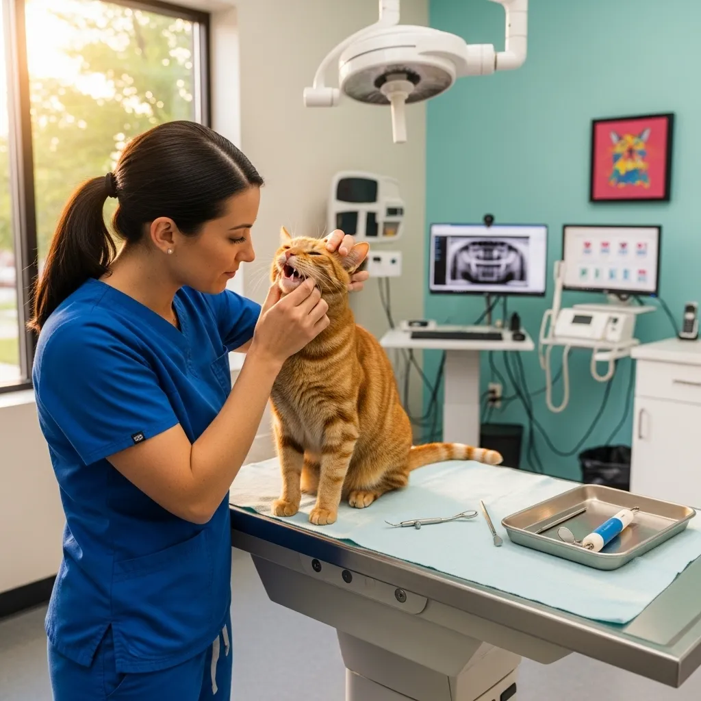 Vet checking a cat’s teeth for dental issues in a clinic.