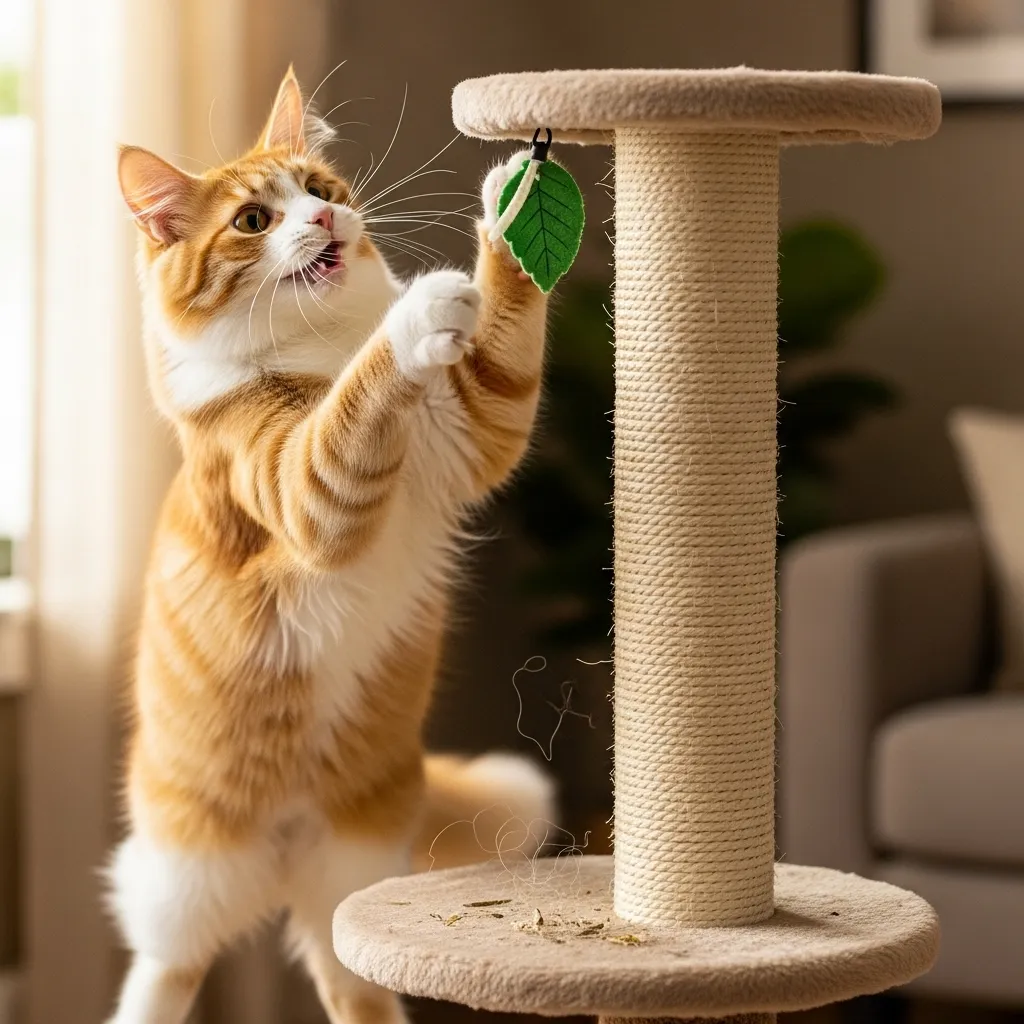 Cat chewing on a catnip toy next to a scratching post.