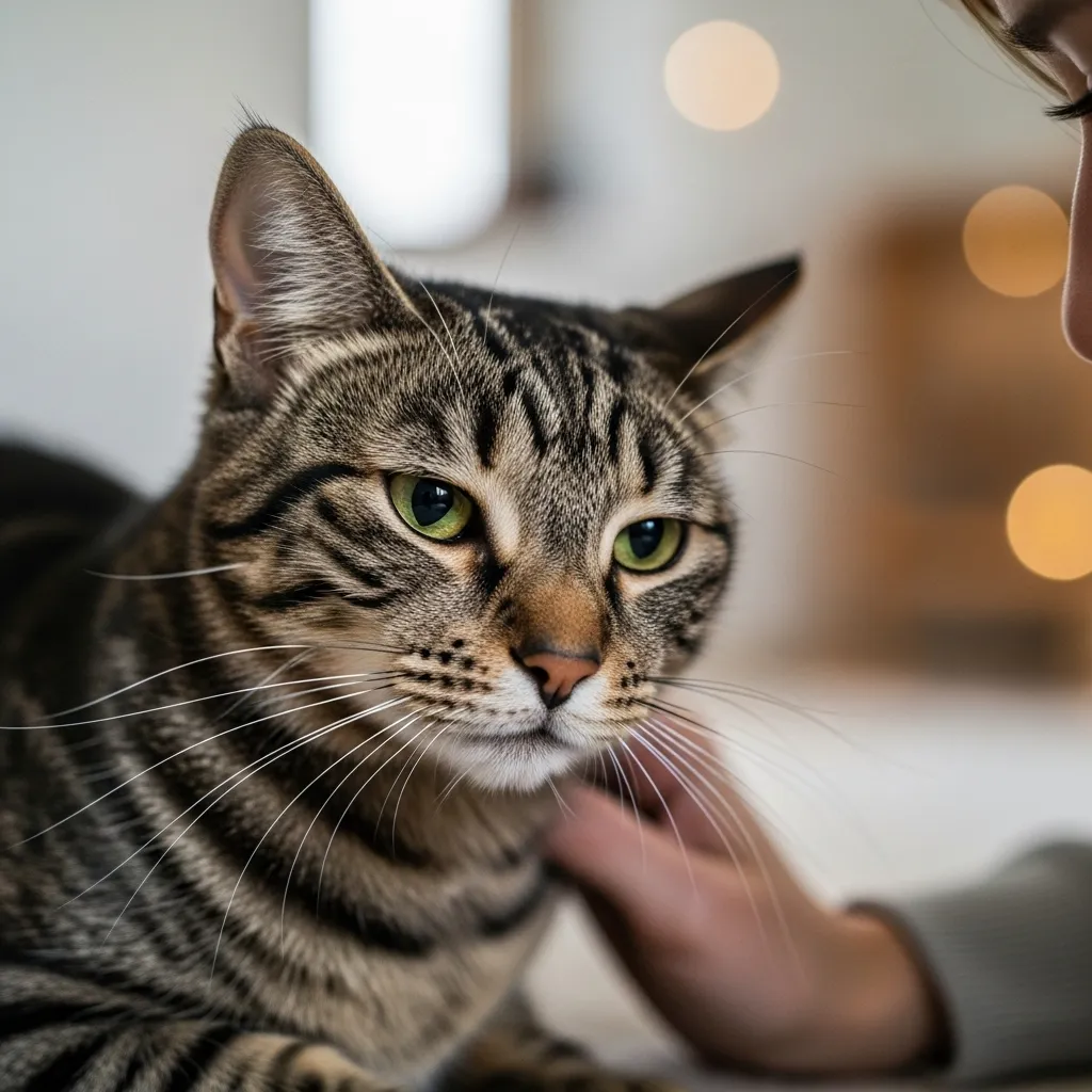 Tabby cat reacting to gentle touch on its side in a cozy home.
