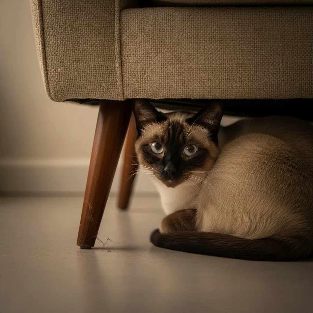 Siamese cat hiding under a couch, showing signs of discomfort.