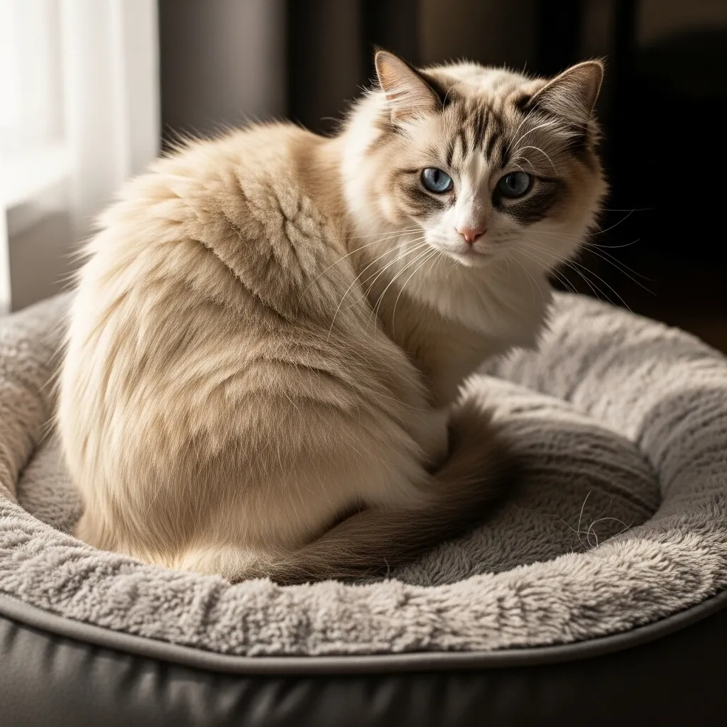 Ragdoll cat with hunched posture indicating possible pain.