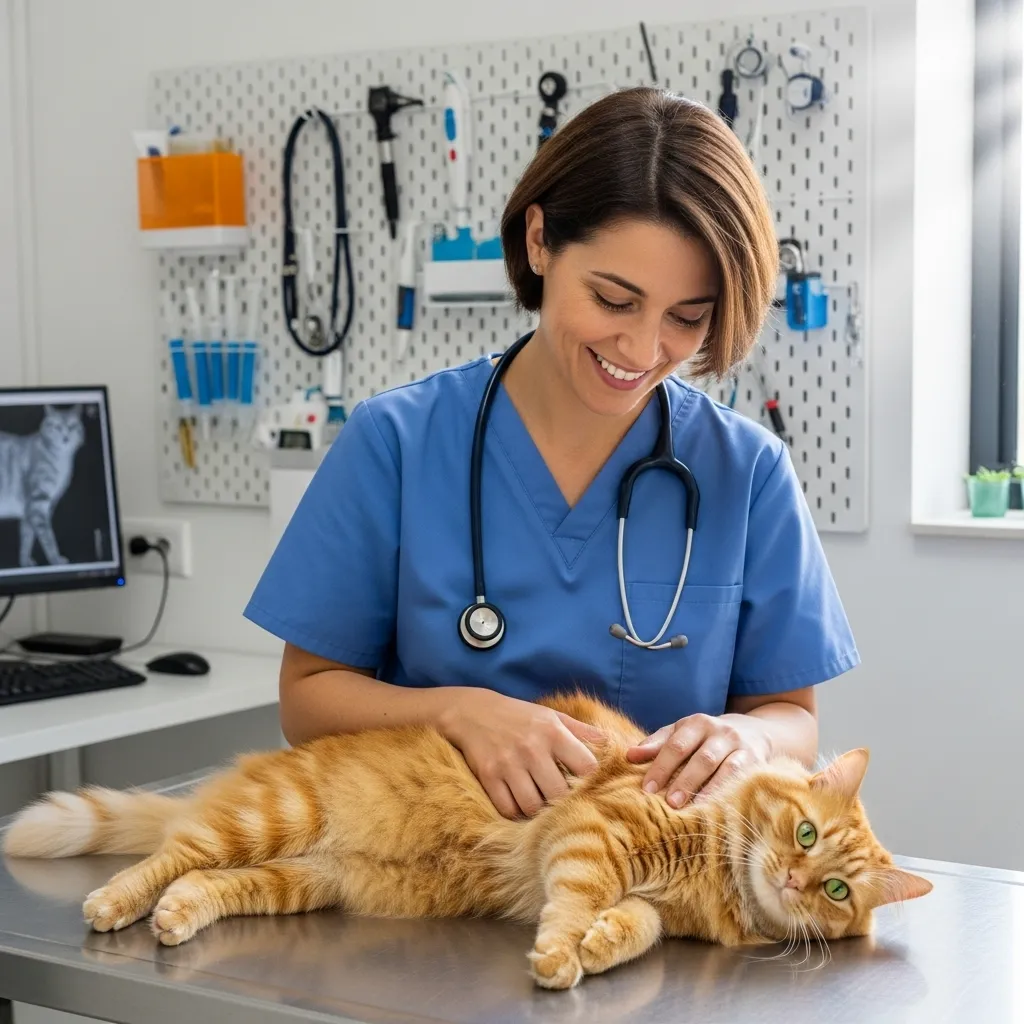 Veterinarian checking a cat for side pain in a clinic.