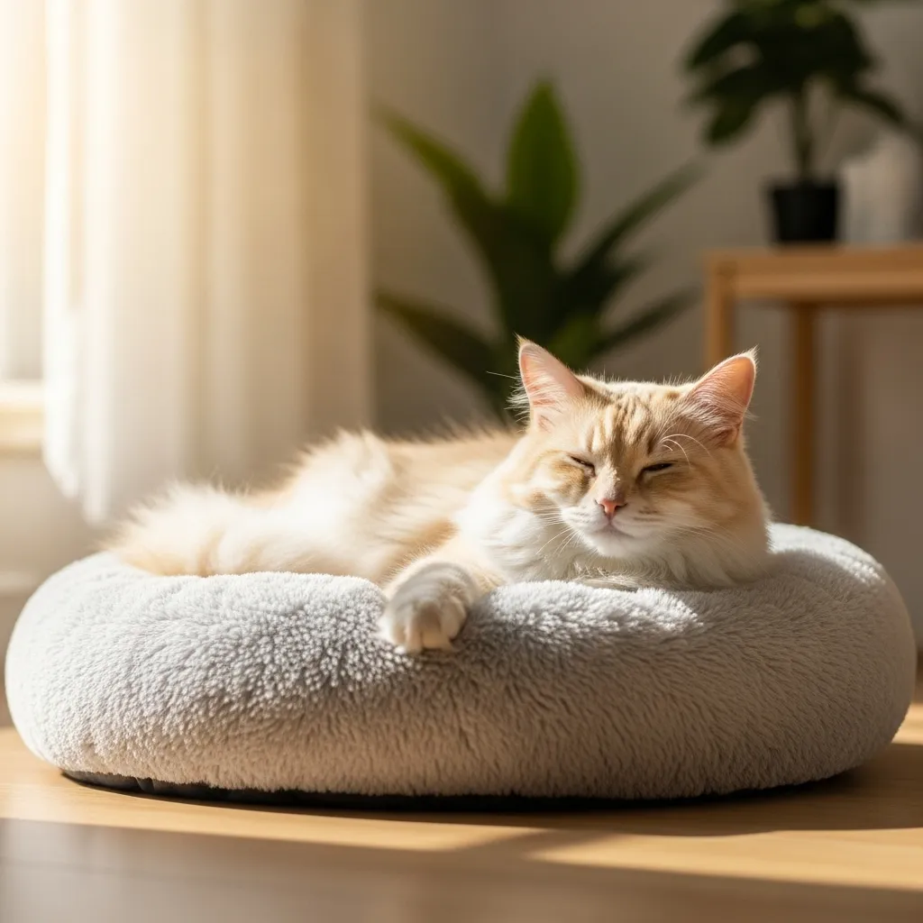 Fluffy cat resting comfortably on a pet bed.