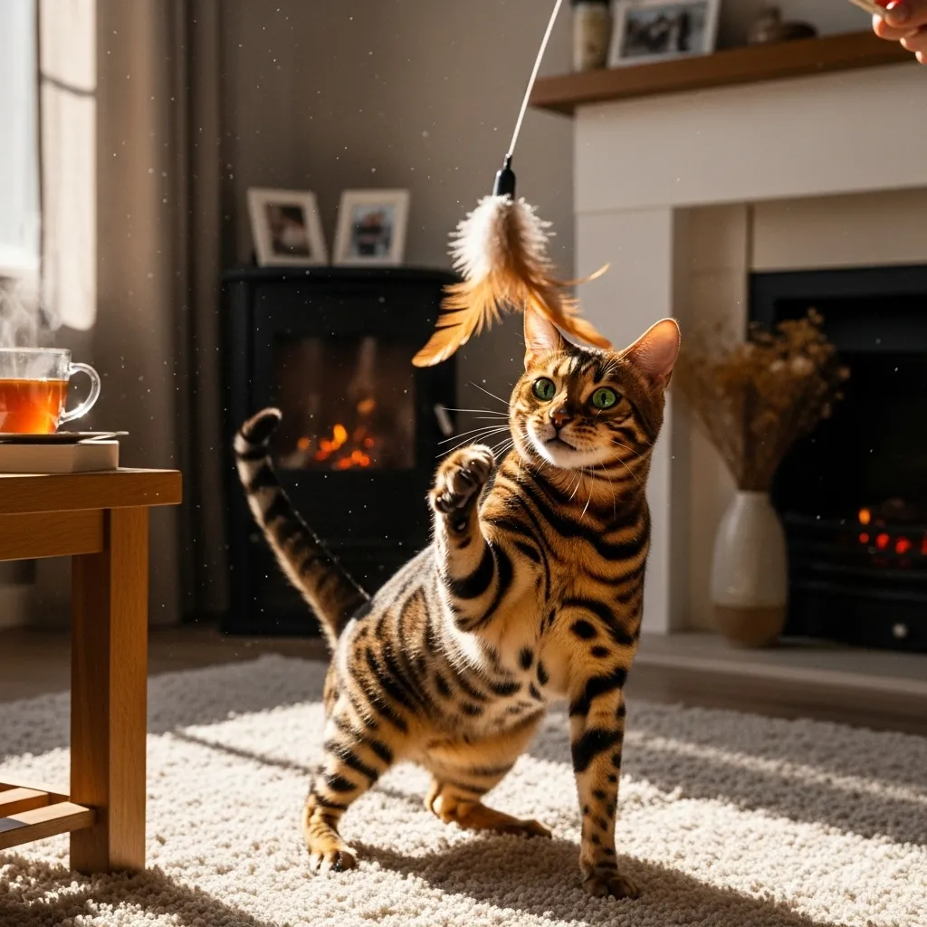 Bengal cat playing gently with a feather toy.