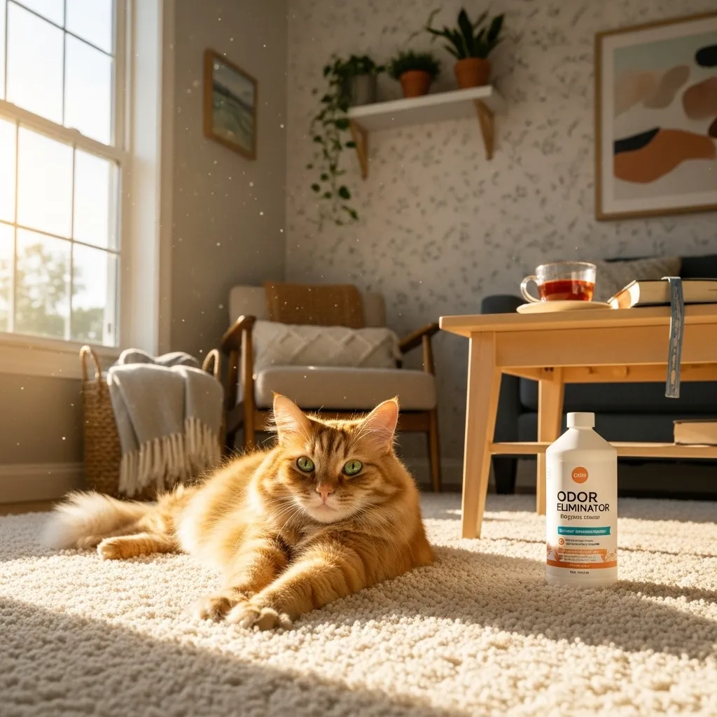 Happy cat on a clean carpet with an enzyme cleaner bottle, showcasing an odor-free home.