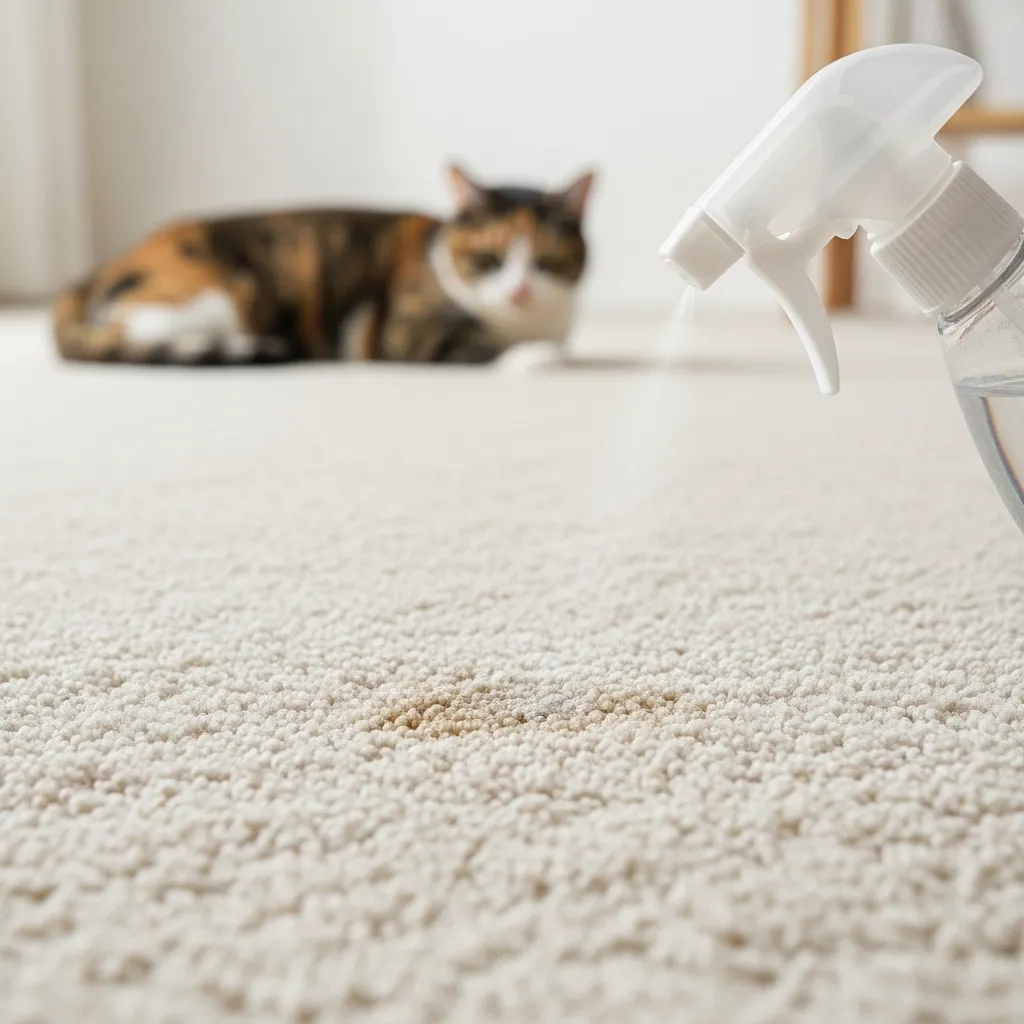 Enzyme cleaner spraying a carpet to remove cat urine, with a relaxed cat in the background.