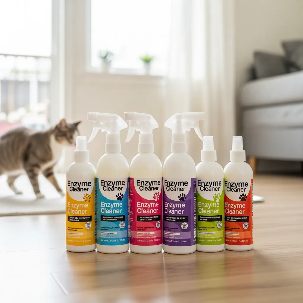 Top 2025 enzyme cleaners for cat urine displayed in a pet-friendly home with a happy cat.