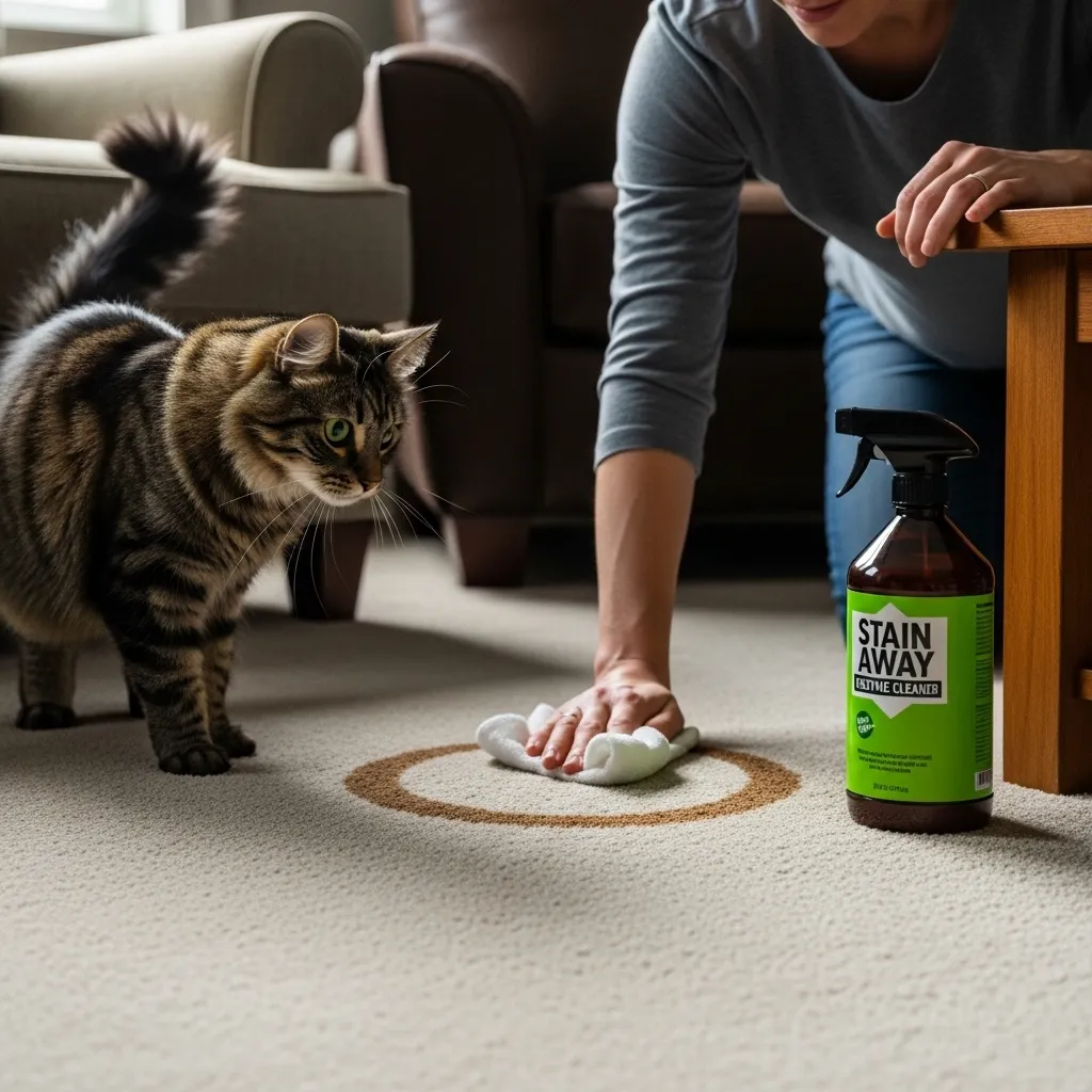  Blotting cat urine stain on carpet with enzyme cleaner ready, cat observing.