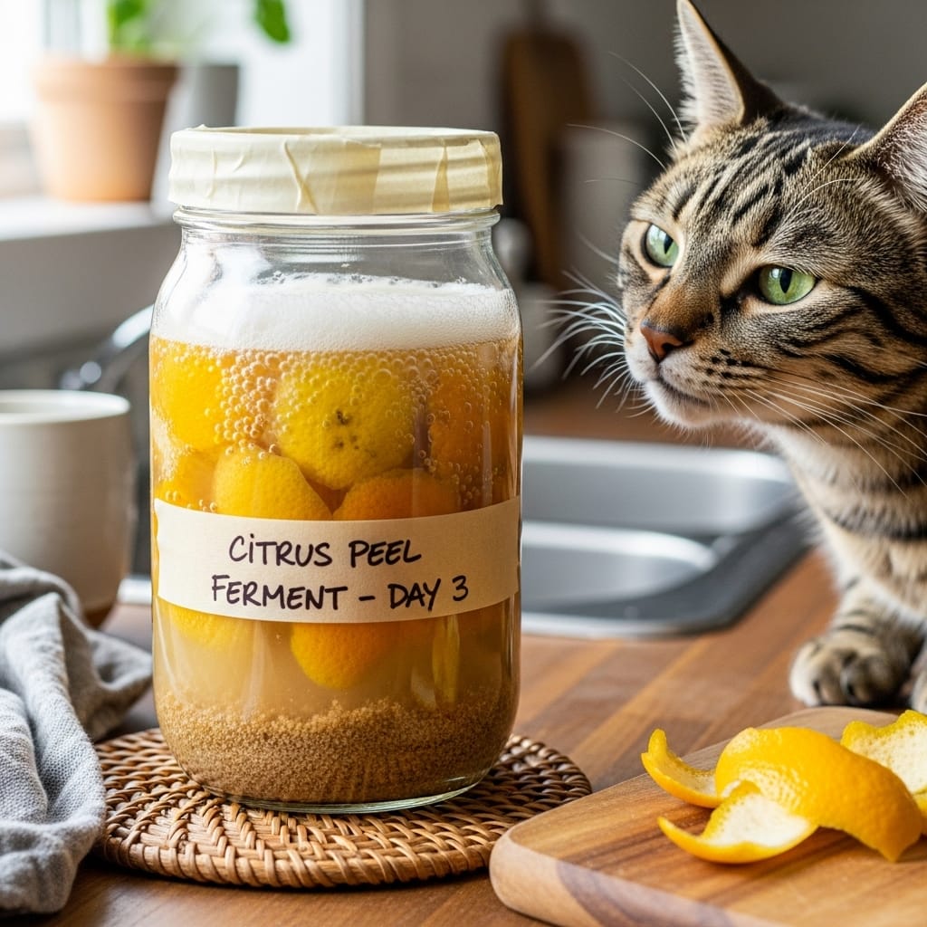  DIY enzyme cleaner fermenting in a jar with citrus peels, sugar, and yeast, cat in background.