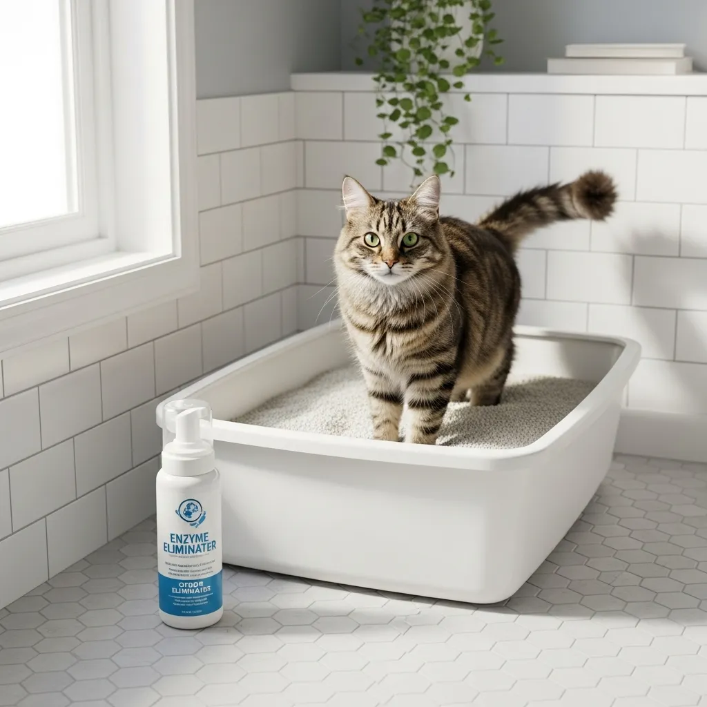 Clean litter box sprayed with enzyme cleaner foam, cat using it comfortably.