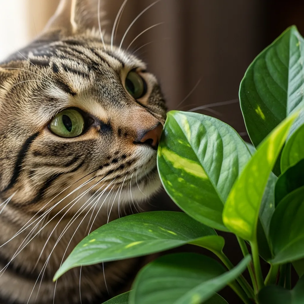 Why Does My Cat Eat My Plants 1 Curious tabby cat sniffing a green houseplant in a cozy home setting.