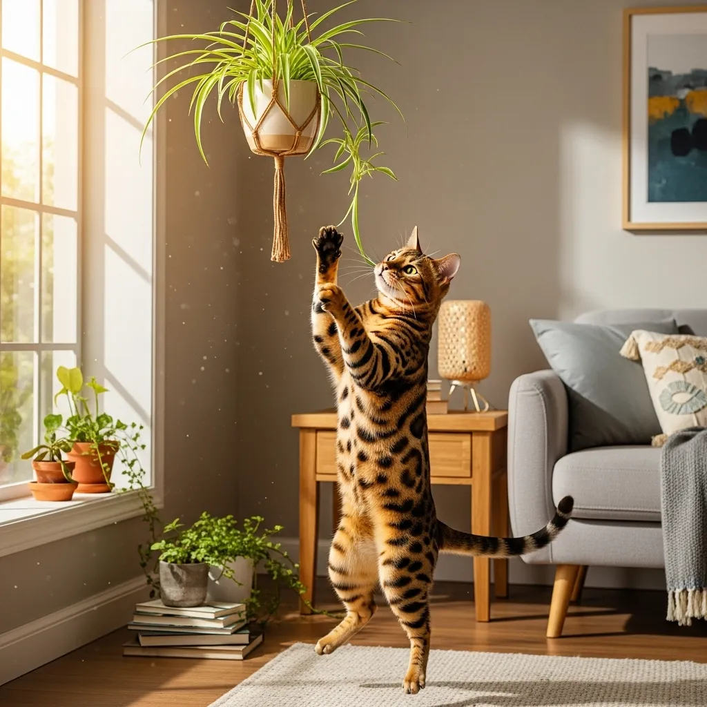Why Does My Cat Eat My Plants 2 Bengal cat playfully interacting with a spider plant in a sunny home.