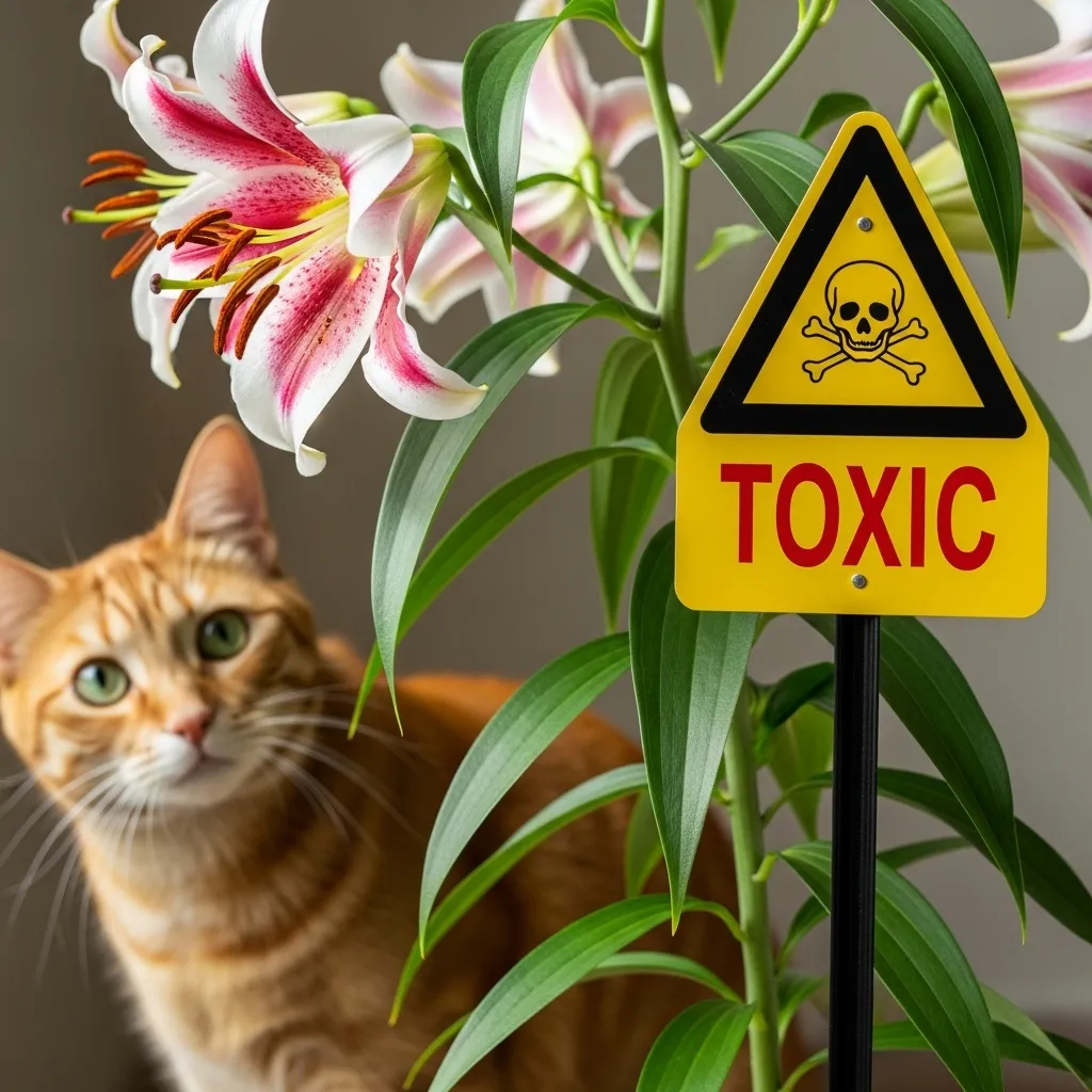 Why Does My Cat Eat My Plants 3 Warning sign near a toxic lily plant with a cat in a home environment.