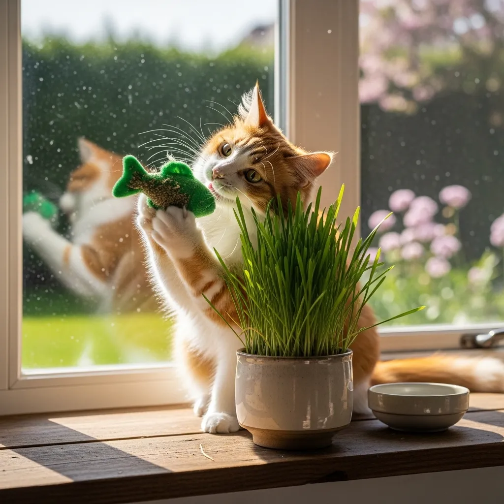 Why Does My Cat Eat My Plants 4 Cat engaging with a catnip toy beside a safe cat grass plant indoors.