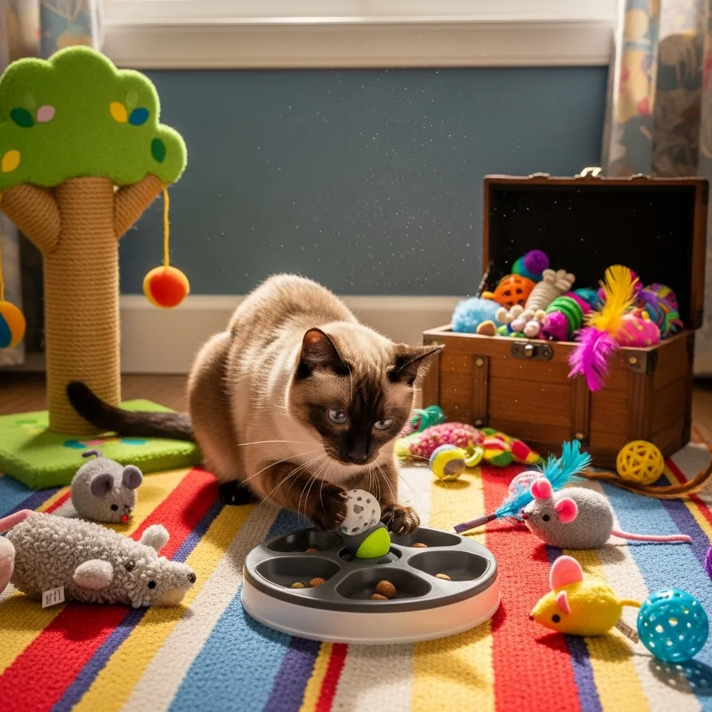 Why Does My Cat Eat My Plants 6 Siamese cat enjoying a puzzle feeder in a stimulating indoor environment.