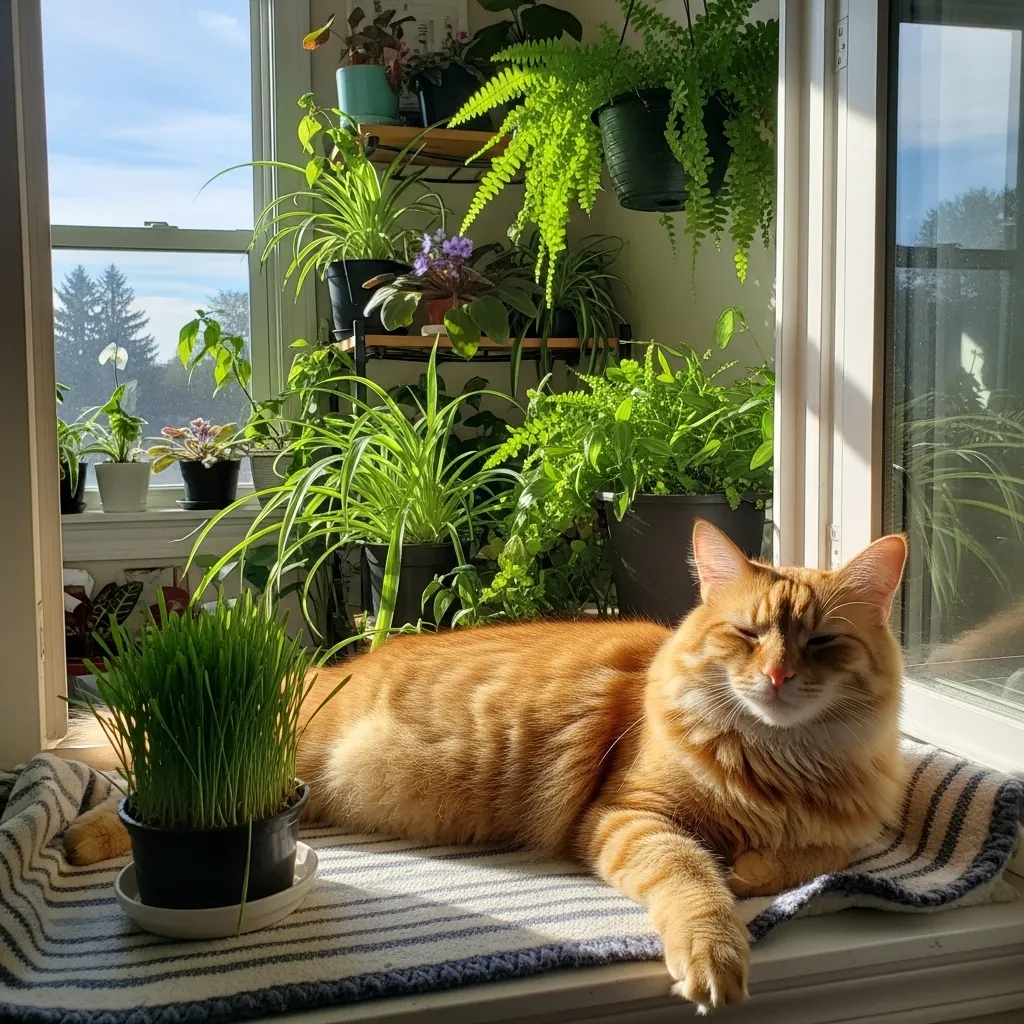 Why Does My Cat Eat My Plants 7 Happy cat relaxing near a pot of cat grass in a pet-safe indoor garden.