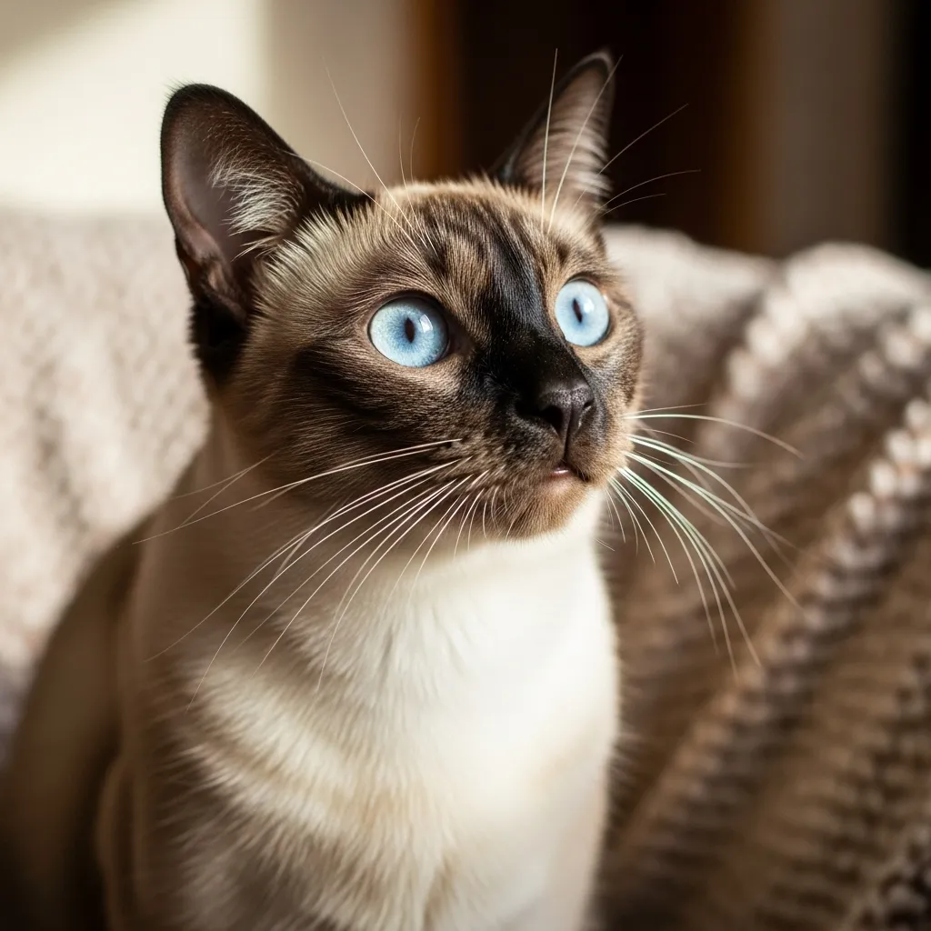 Cat Hiccups 1 Siamese cat with curious expression, possibly reacting to hiccups, sitting on a cozy blanket.