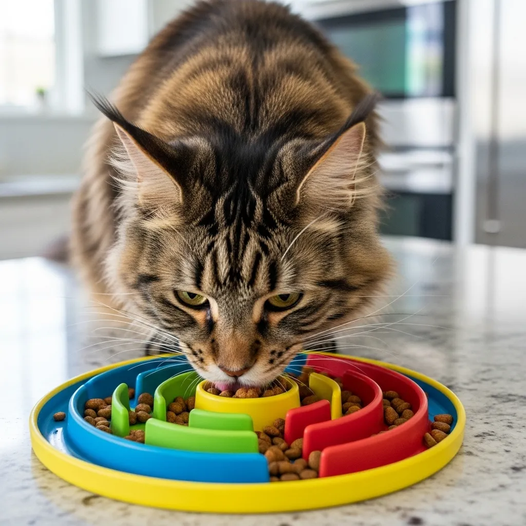 Cat Hiccups 3 Maine Coon cat using a slow-feed bowl to prevent hiccups caused by fast eating.