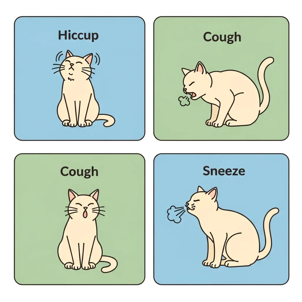 Cat Hiccups 4 Infographic comparing cat hiccups, coughing, and sneezing with visual cues for each behavior.